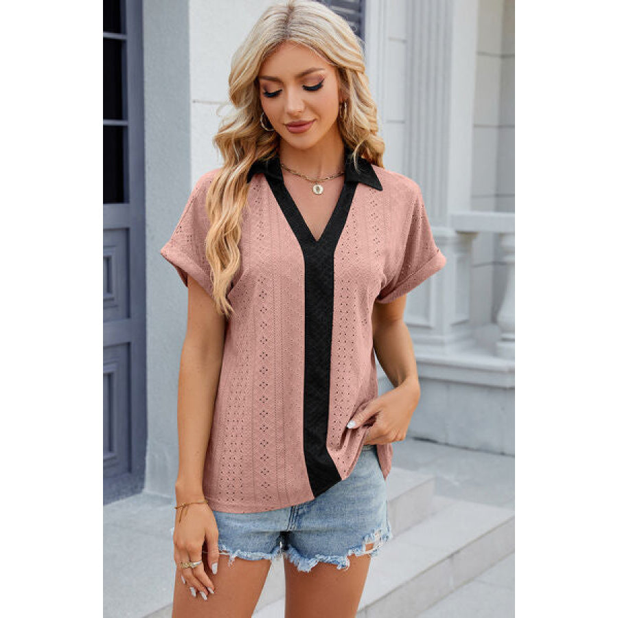 Eyelet Johnny Collar Short Sleeve T - Shirt Apparel and Accessories