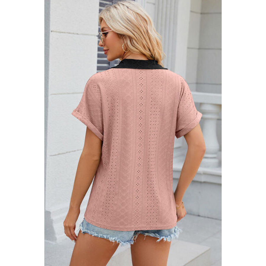 Eyelet Johnny Collar Short Sleeve T - Shirt Apparel and Accessories