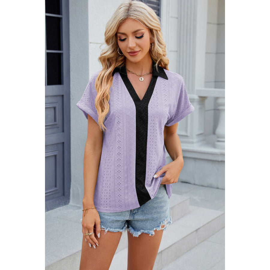 Eyelet Johnny Collar Short Sleeve T - Shirt Apparel and Accessories