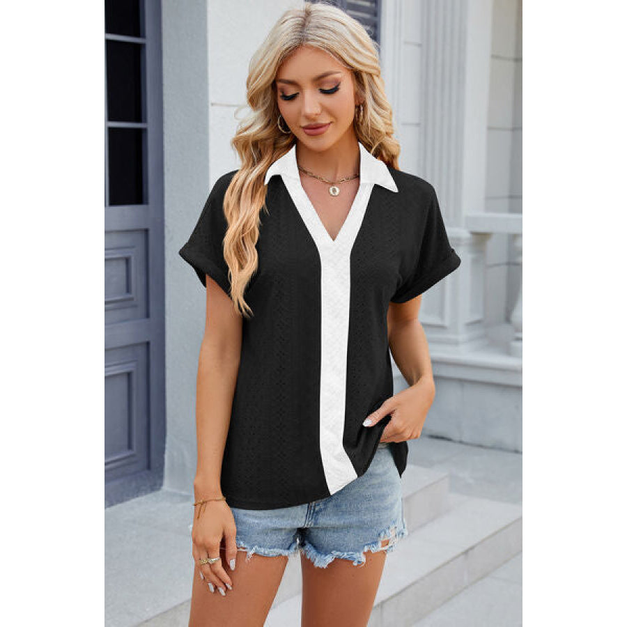 Eyelet Johnny Collar Short Sleeve T - Shirt Black / S Apparel and Accessories