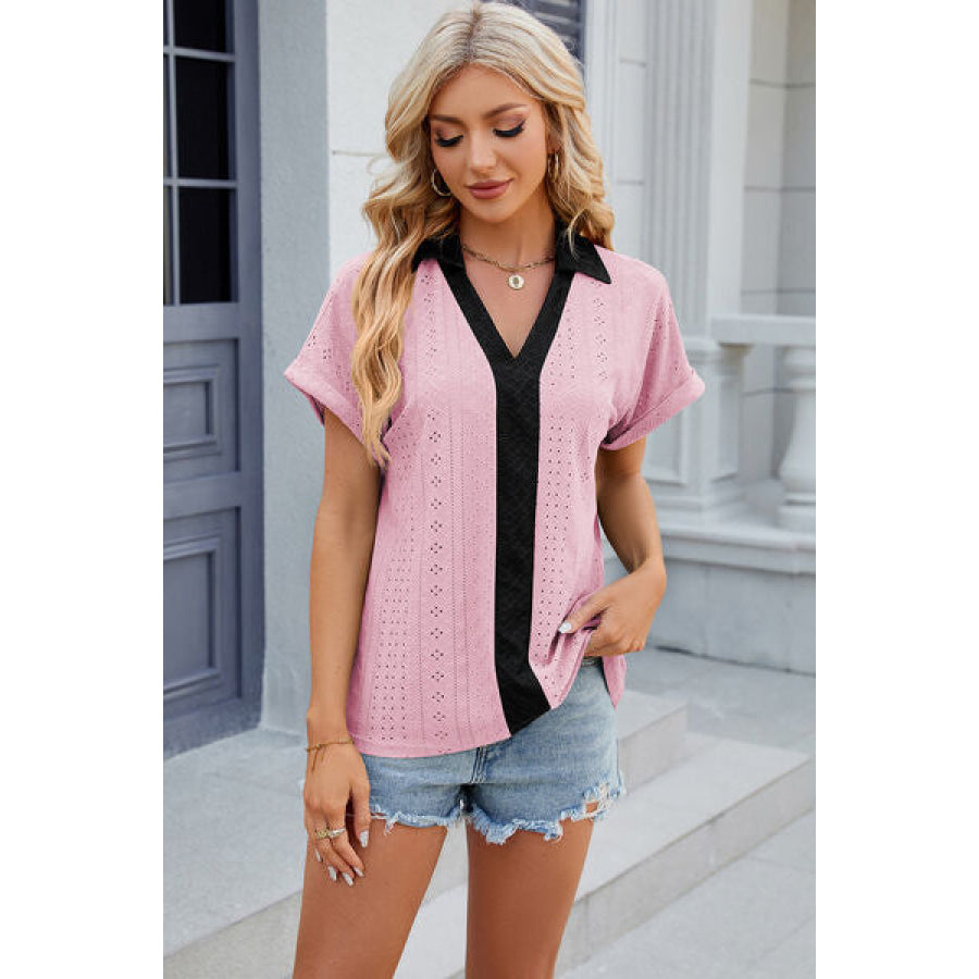 Eyelet Johnny Collar Short Sleeve T - Shirt Blush Pink / S Apparel and Accessories