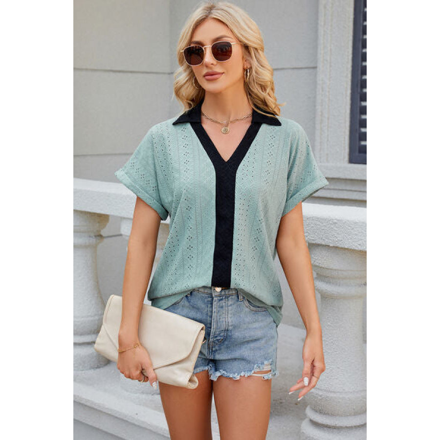 Eyelet Johnny Collar Short Sleeve T - Shirt Gum Leaf / S Apparel and Accessories