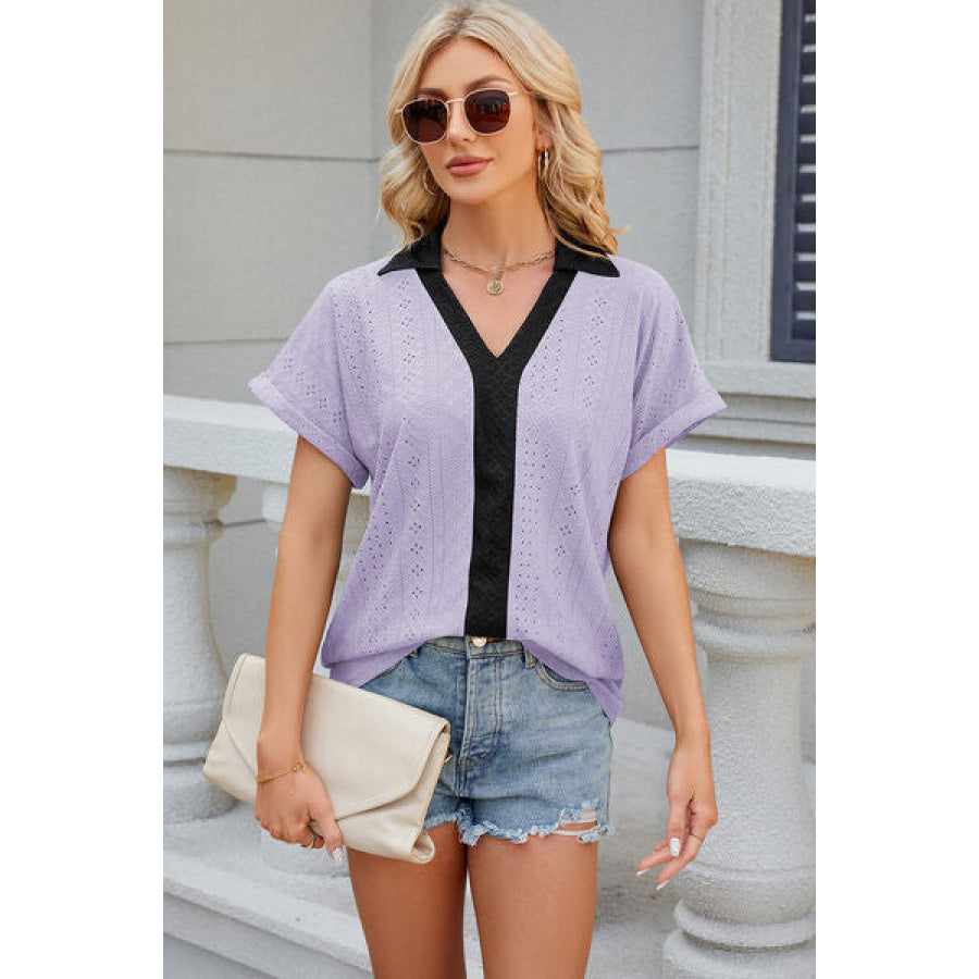 Eyelet Johnny Collar Short Sleeve T - Shirt Lavender / S Apparel and Accessories