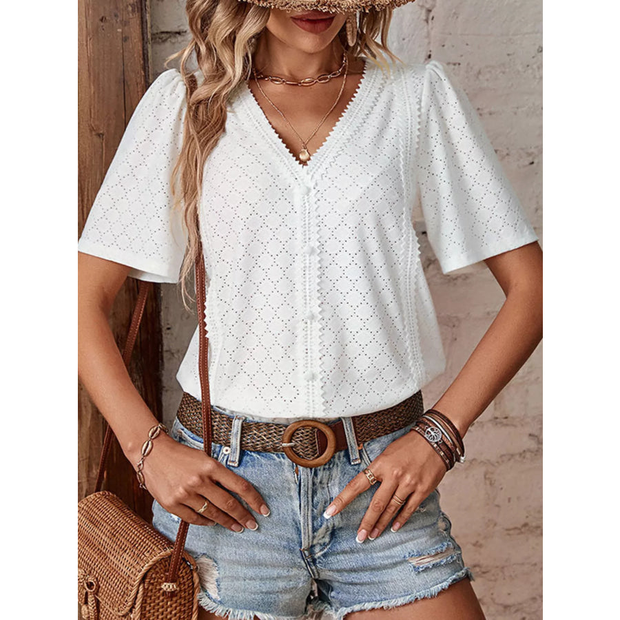Eyelet Lace Detail Short Sleeve Blouse Apparel and Accessories