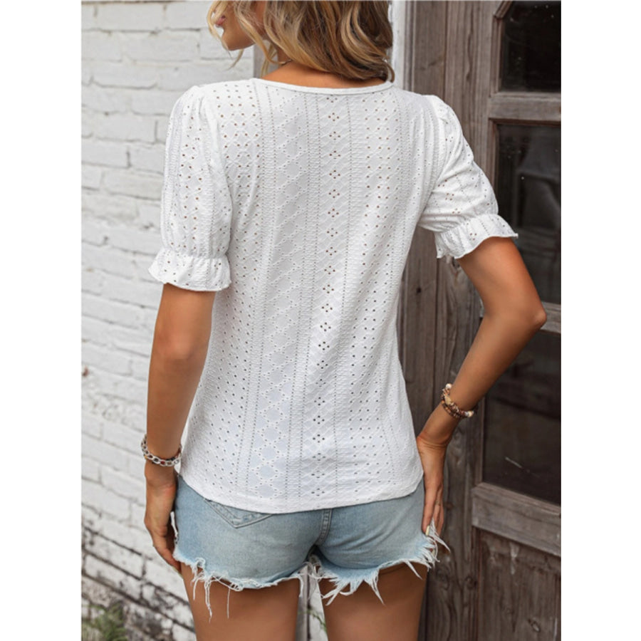 Eyelet Lace Detail V - Neck Flounce Sleeve Blouse Apparel and Accessories