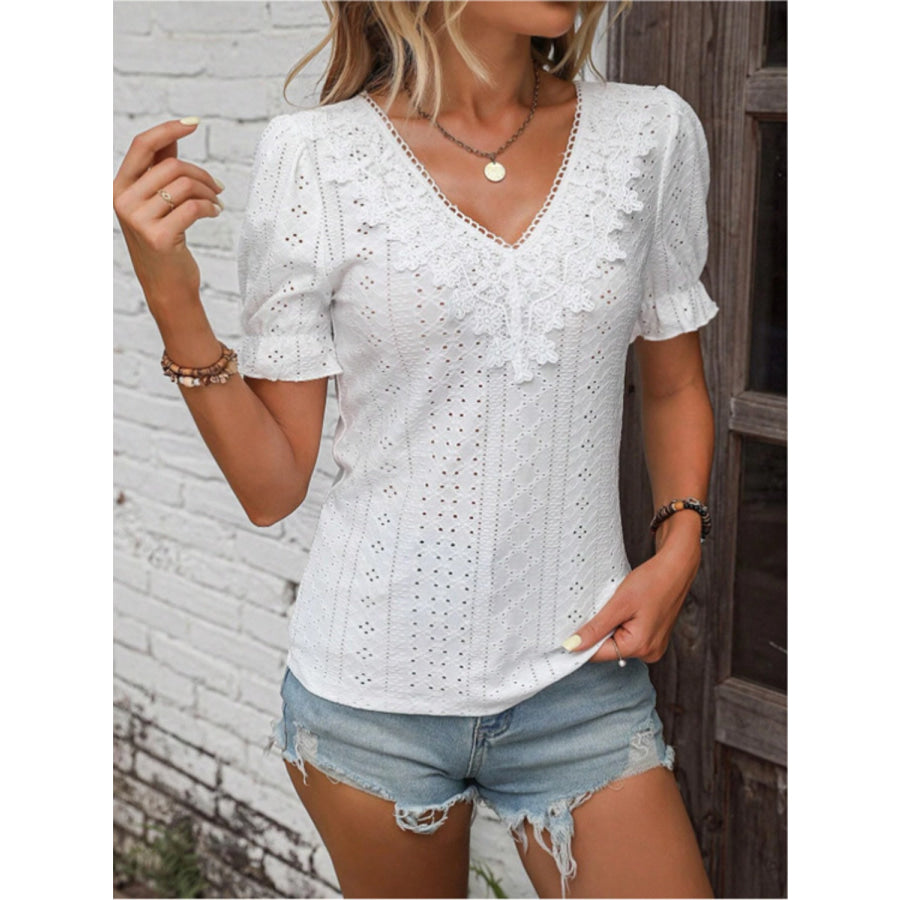 Eyelet Lace Detail V - Neck Flounce Sleeve Blouse Apparel and Accessories