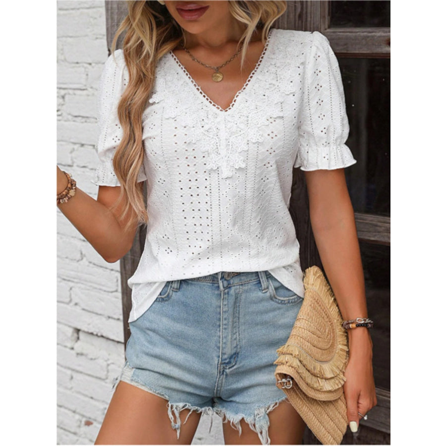 Eyelet Lace Detail V - Neck Flounce Sleeve Blouse Apparel and Accessories