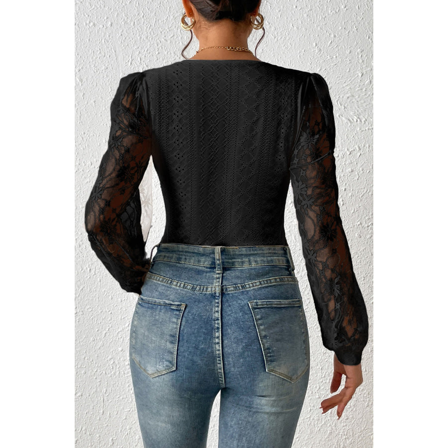 Eyelet Lace Long Sleeve Bodysuit Apparel and Accessories