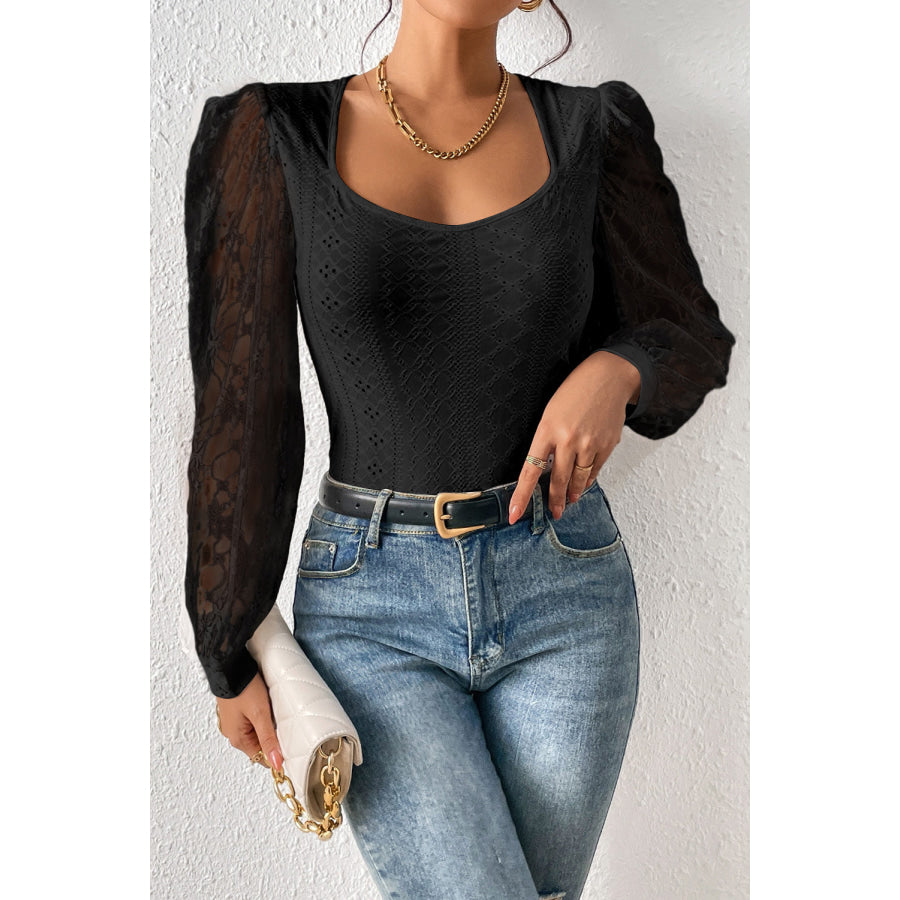 Eyelet Lace Long Sleeve Bodysuit Apparel and Accessories