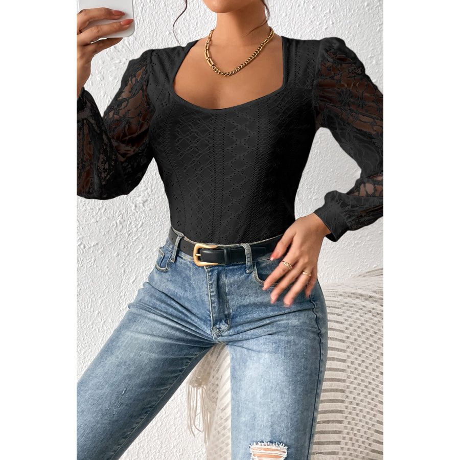 Eyelet Lace Long Sleeve Bodysuit Apparel and Accessories