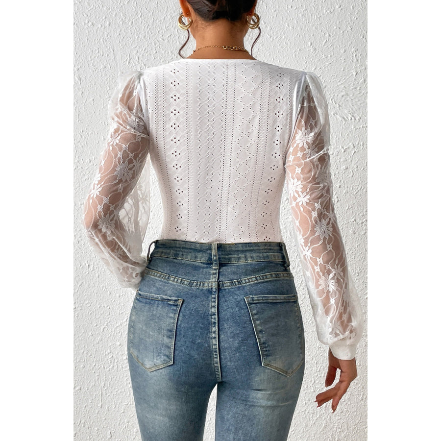 Eyelet Lace Long Sleeve Bodysuit Apparel and Accessories