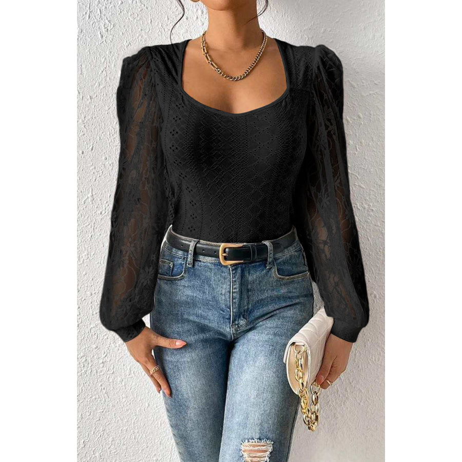 Eyelet Lace Long Sleeve Bodysuit Black / S Apparel and Accessories