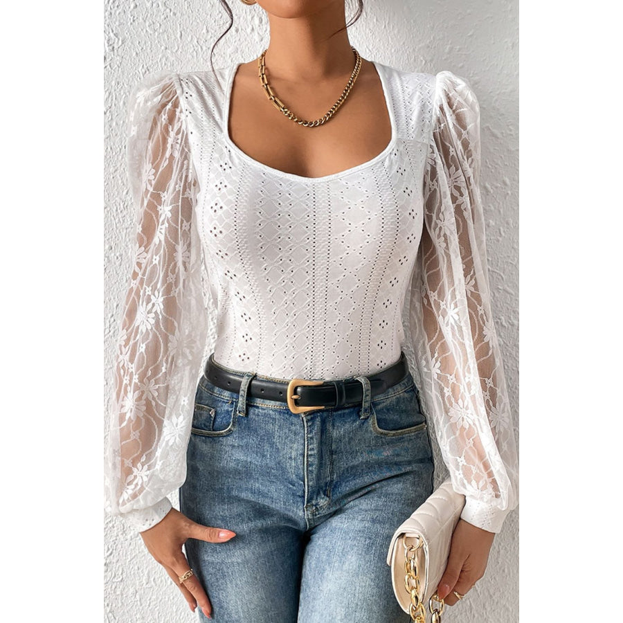 Eyelet Lace Long Sleeve Bodysuit White / S Apparel and Accessories