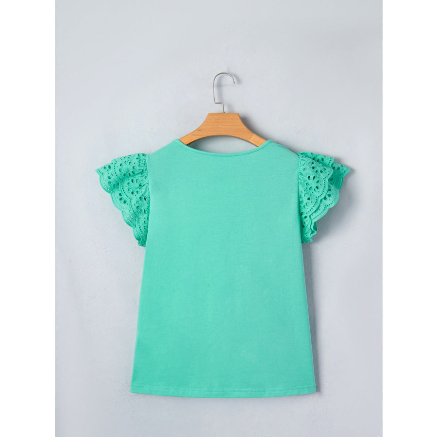 Eyelet Lace Ruffled Cap Sleeve Top Apparel and Accessories