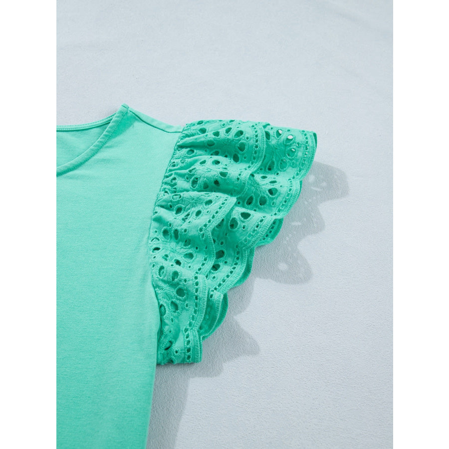 Eyelet Lace Ruffled Cap Sleeve Top Apparel and Accessories