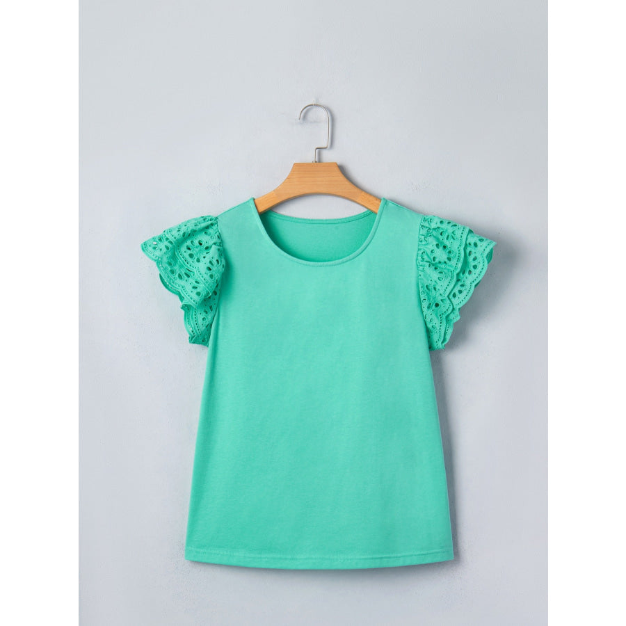Eyelet Lace Ruffled Cap Sleeve Top Apparel and Accessories