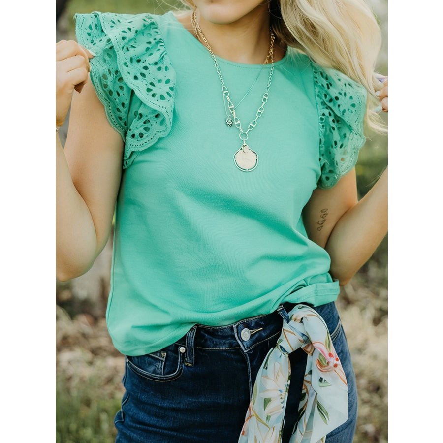 Eyelet Lace Ruffled Cap Sleeve Top Apparel and Accessories