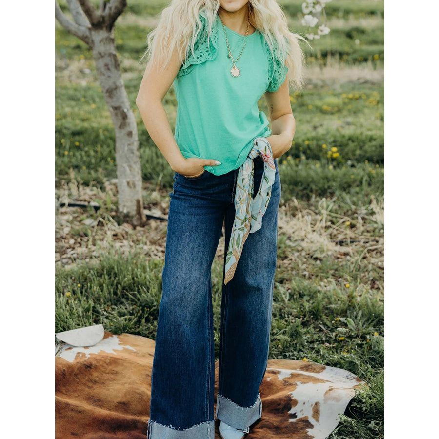 Eyelet Lace Ruffled Cap Sleeve Top Apparel and Accessories