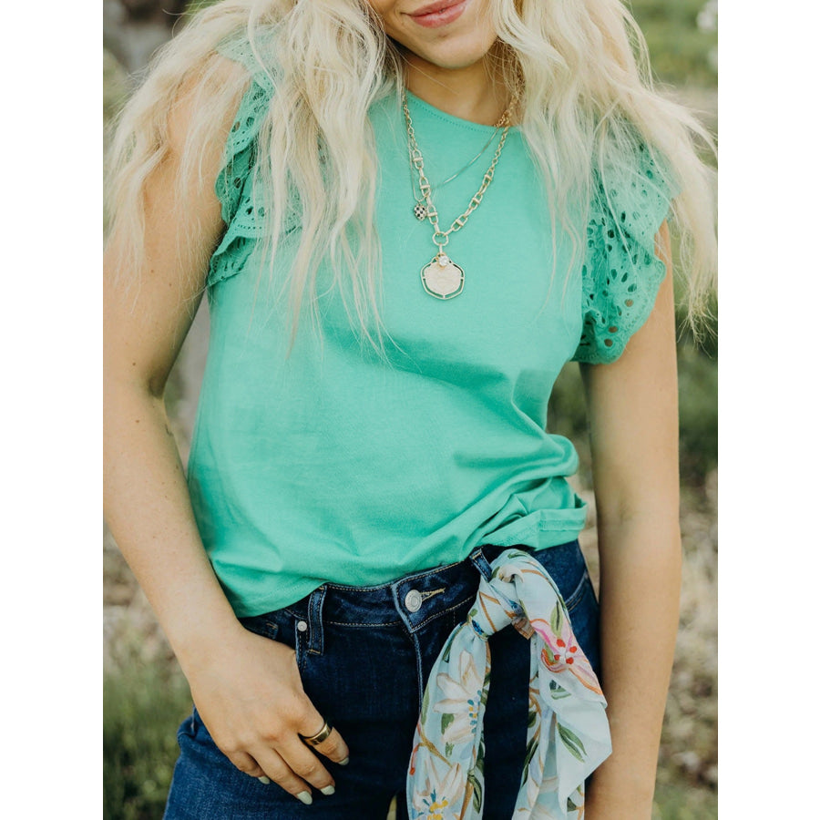 Eyelet Lace Ruffled Cap Sleeve Top Teal / S Apparel and Accessories