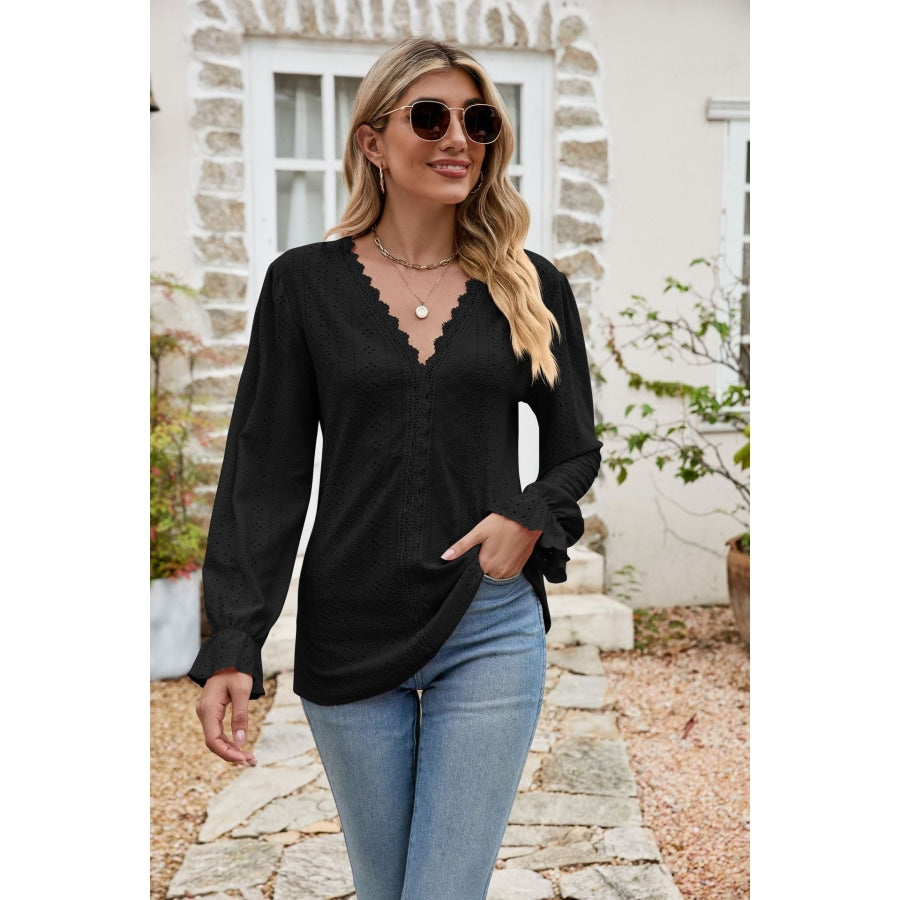 Eyelet Lace Trim Flounce Sleeve Blouse Black / S