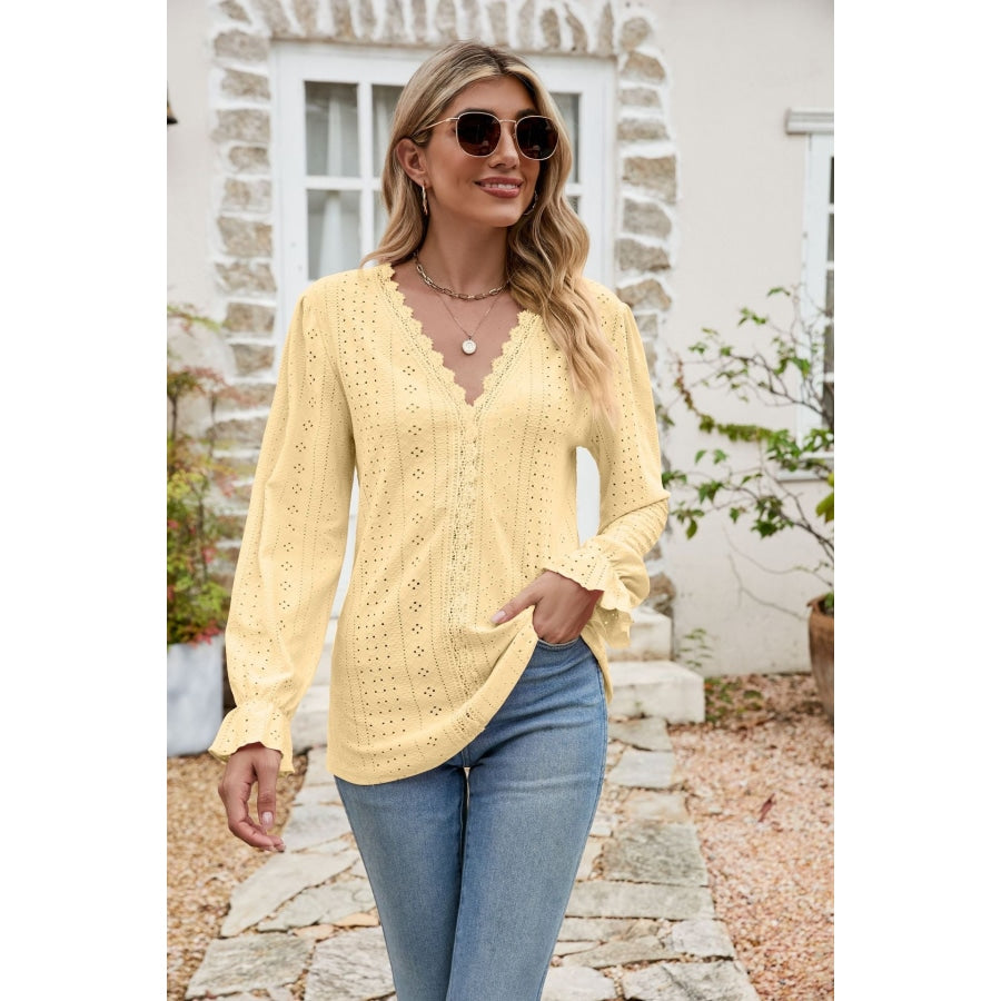 Eyelet Lace Trim Flounce Sleeve Blouse Butter Yellow / S