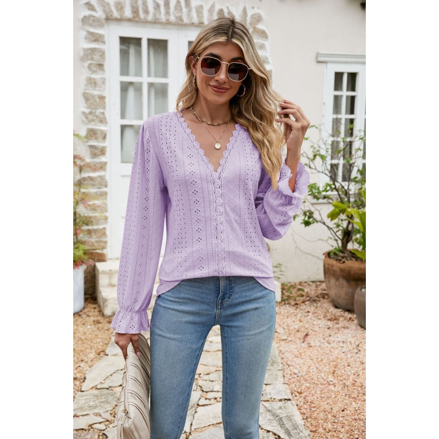 Eyelet Lace Trim Flounce Sleeve Blouse Lavender / S