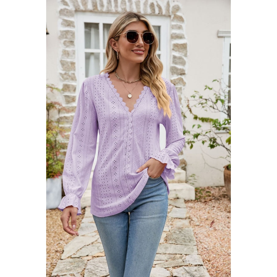 Eyelet Lace Trim Flounce Sleeve Blouse Lavender / S