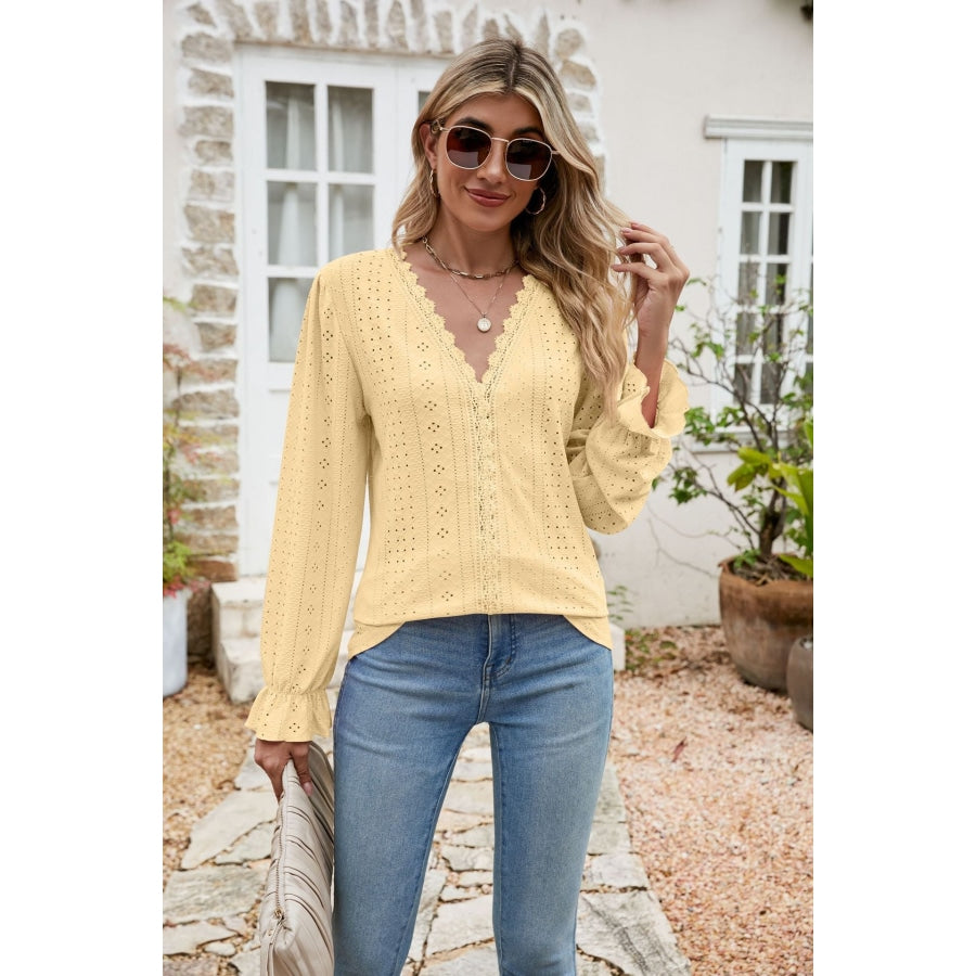 Eyelet Lace Trim Flounce Sleeve Blouse