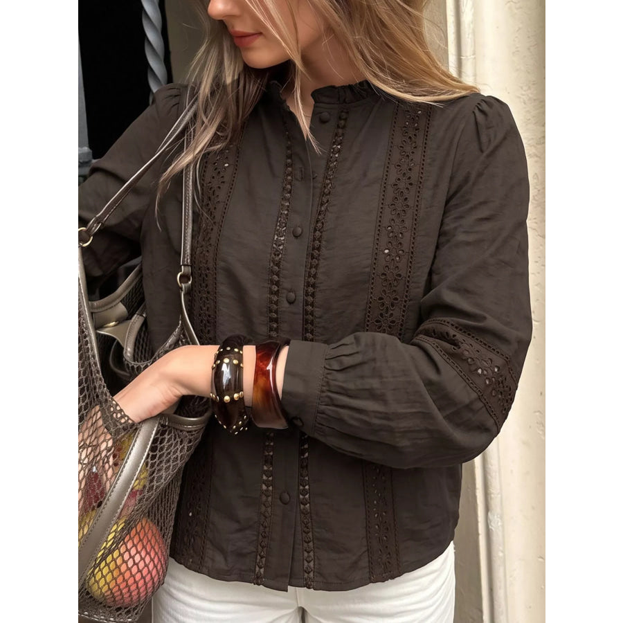 Eyelet Lace Trim Long Sleeve Blouse Coffee Brown / S Apparel and Accessories