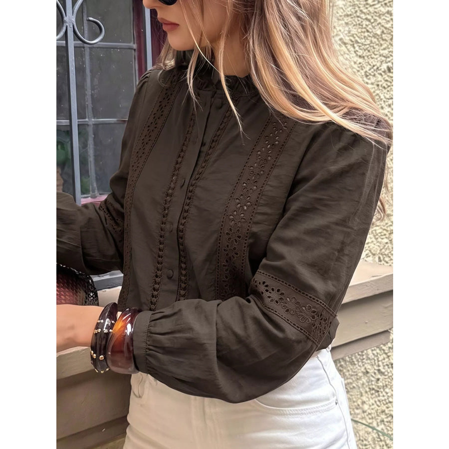 Eyelet Lace Trim Long Sleeve Blouse Apparel and Accessories