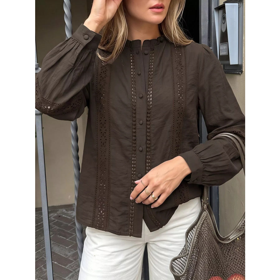 Eyelet Lace Trim Long Sleeve Blouse Apparel and Accessories