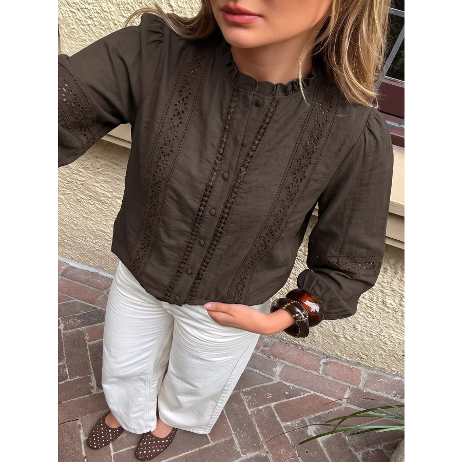 Eyelet Lace Trim Long Sleeve Blouse Coffee Brown / S Apparel and Accessories