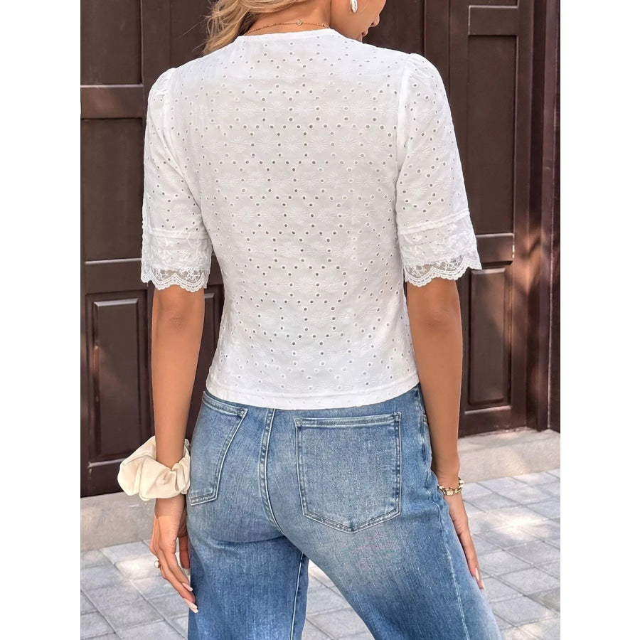 Eyelet Lace Trim Short Sleeve Shirt Apparel and Accessories