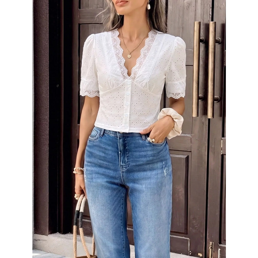 Eyelet Lace Trim Short Sleeve Shirt Apparel and Accessories