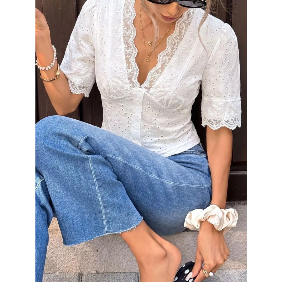Eyelet Lace Trim Short Sleeve Shirt Apparel and Accessories