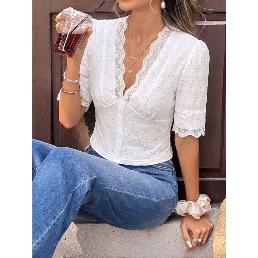 Eyelet Lace Trim Short Sleeve Shirt Apparel and Accessories