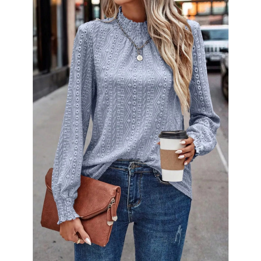 Eyelet Long Sleeve Blouse Light Blue / S Apparel and Accessories