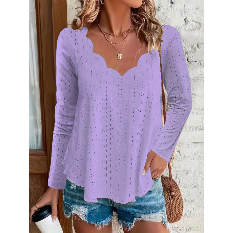 Eyelet Long Sleeve Blouse Lavender / S Apparel and Accessories