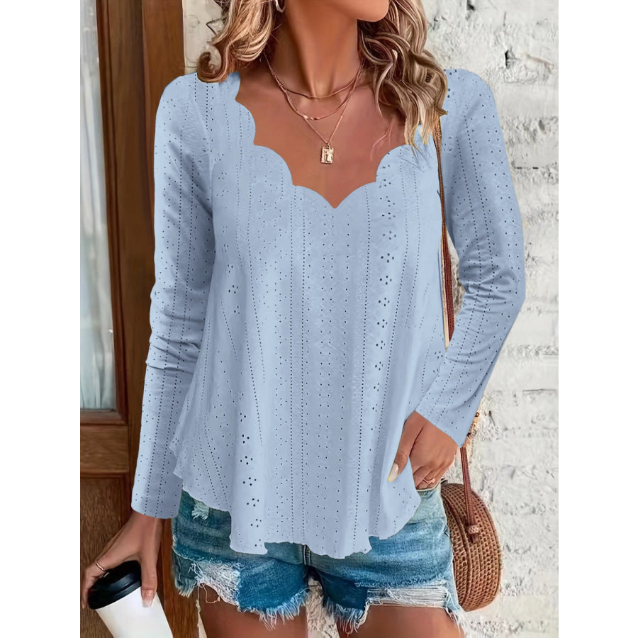 Eyelet Long Sleeve Blouse Light Blue / S Apparel and Accessories