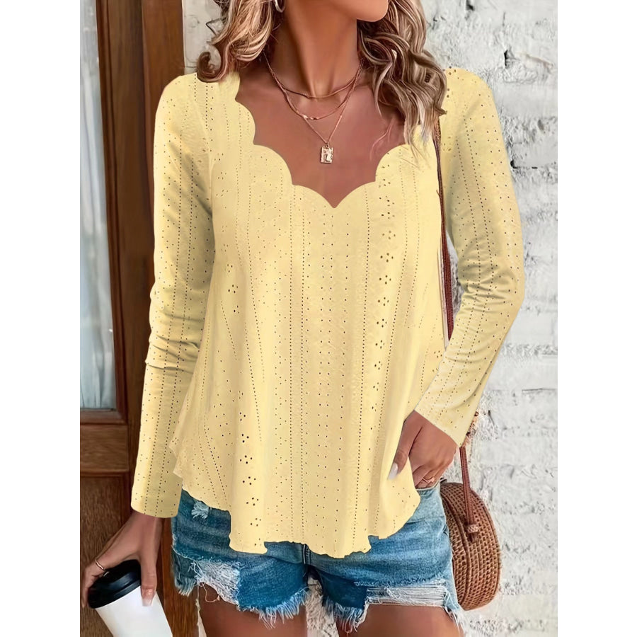 Eyelet Long Sleeve Blouse Light Yellow / S Apparel and Accessories