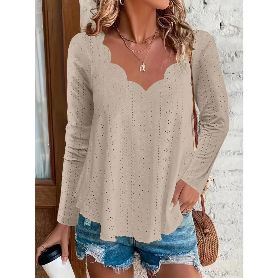 Eyelet Long Sleeve Blouse Mocha / S Apparel and Accessories