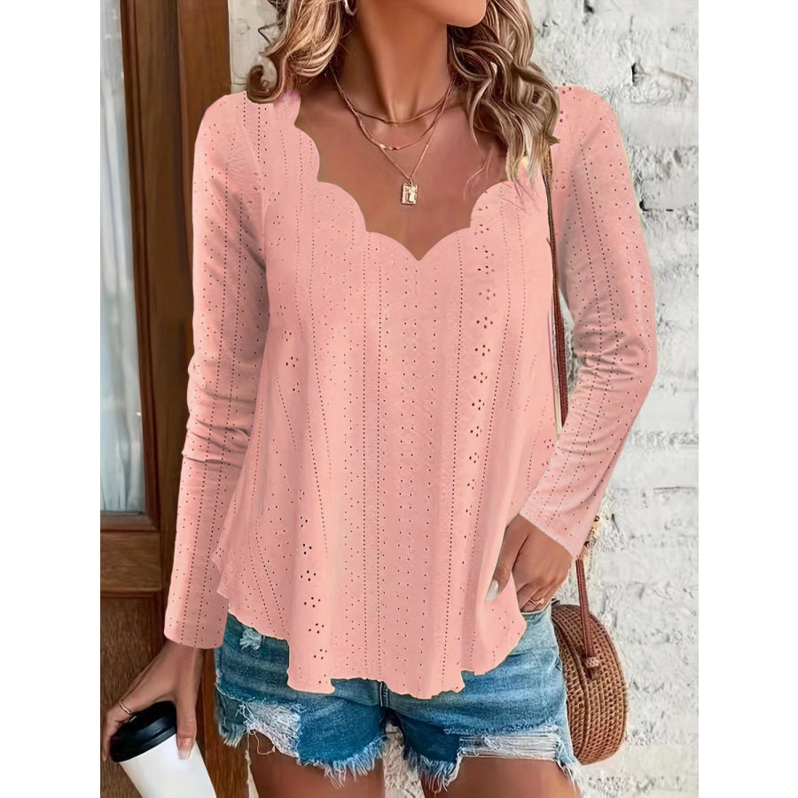 Eyelet Long Sleeve Blouse Watermelon pink / S Apparel and Accessories