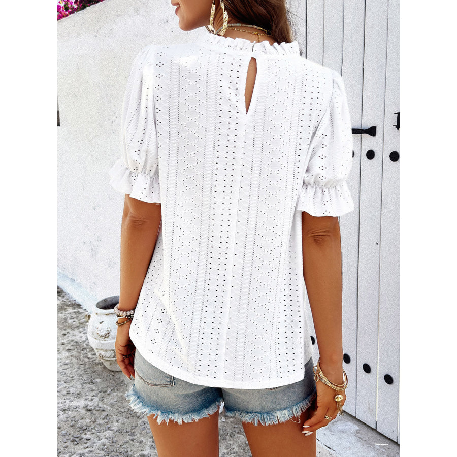 Eyelet Mock Neck Flounce Sleeve Blouse Apparel and Accessories