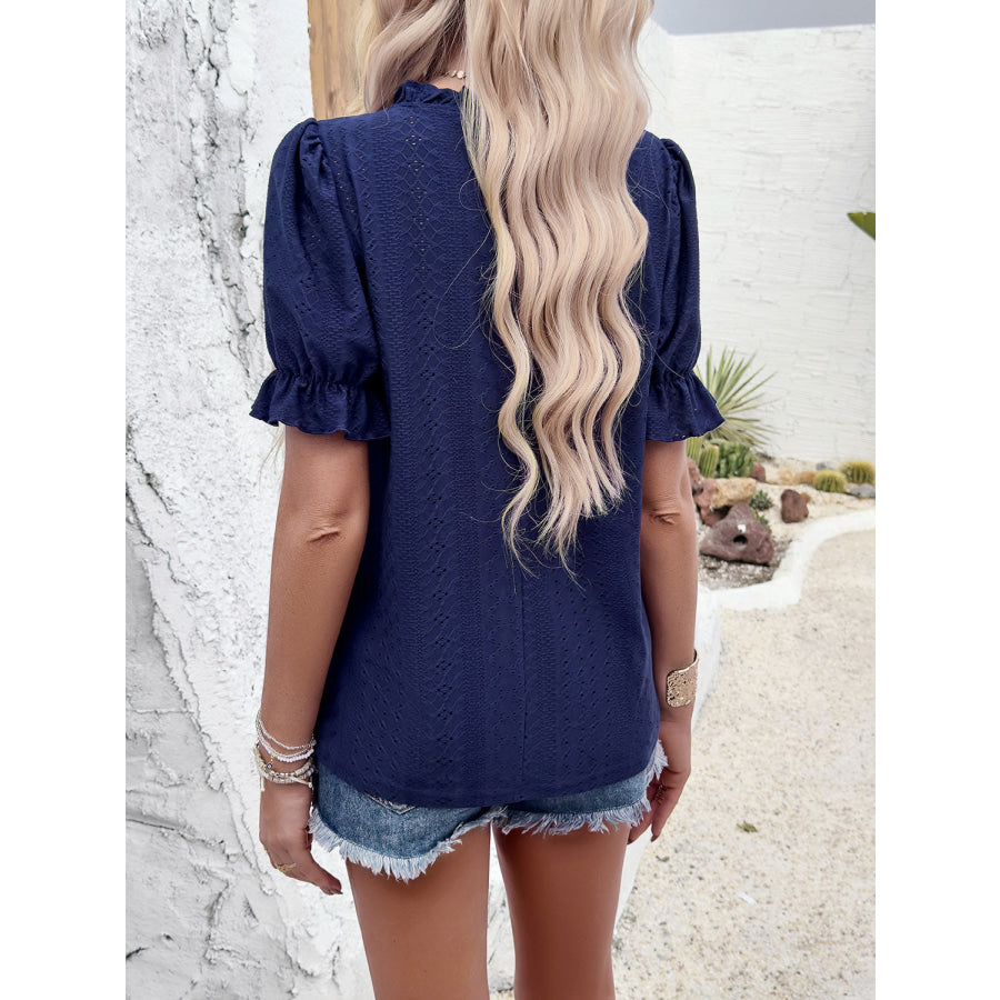 Eyelet Mock Neck Flounce Sleeve Blouse Apparel and Accessories