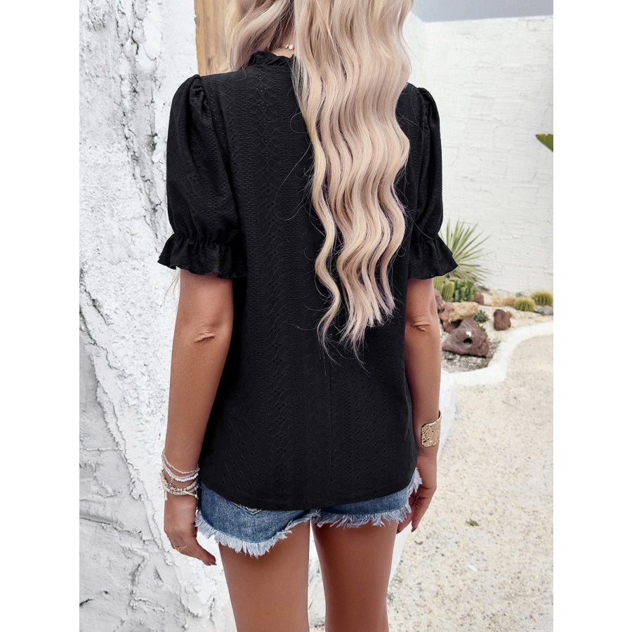 Eyelet Mock Neck Flounce Sleeve Blouse Apparel and Accessories