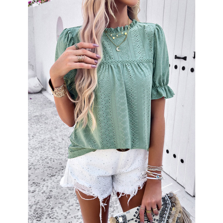 Eyelet Mock Neck Flounce Sleeve Blouse Apparel and Accessories