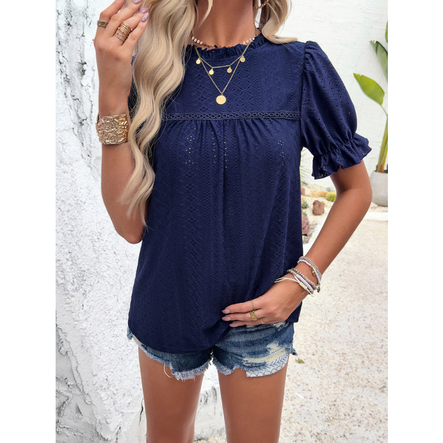 Eyelet Mock Neck Flounce Sleeve Blouse Apparel and Accessories