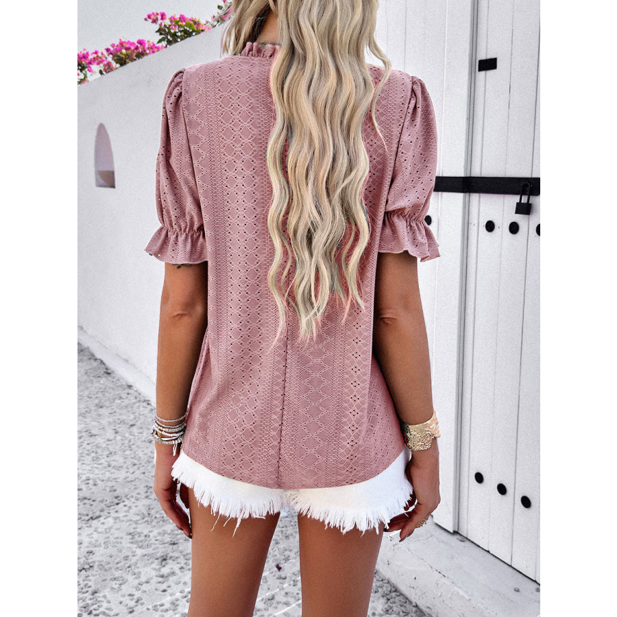 Eyelet Mock Neck Flounce Sleeve Blouse Apparel and Accessories