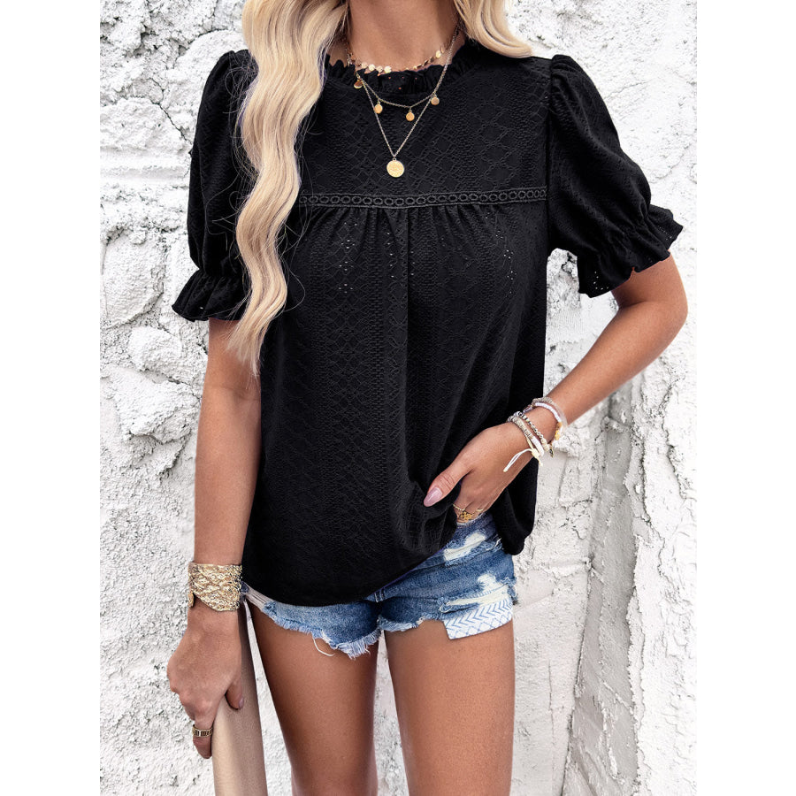 Eyelet Mock Neck Flounce Sleeve Blouse Black / S Apparel and Accessories