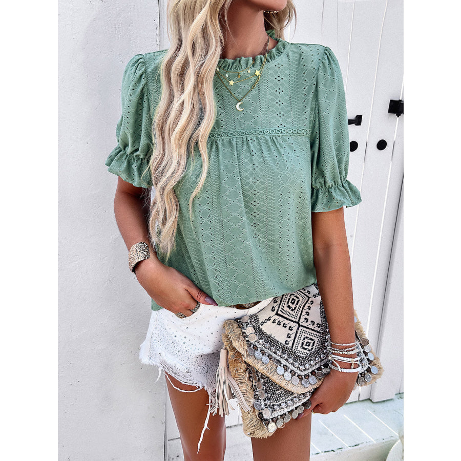 Eyelet Mock Neck Flounce Sleeve Blouse Gum Leaf / S Apparel and Accessories